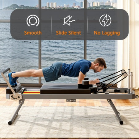 Extra Large Pilates Reformer - 395lbs Capacity, With Dynamic Resistance Cords And Aerobic Rebounder, Improves Posture, Builds Strength, Reduces Stress, Black